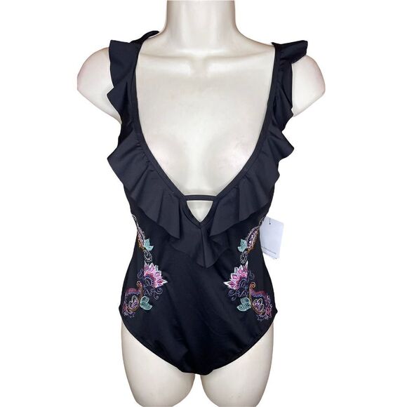 Gibson Latimer Mirage Floral Embroidered Ruffle Swimsuit NWt XS - Picture 2 of 6